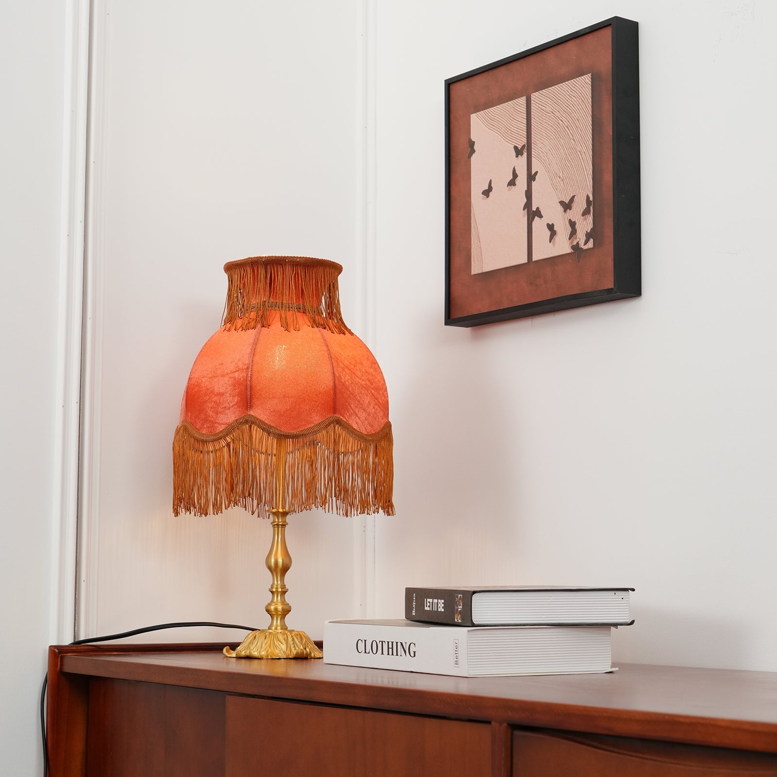 Table Lamp Brass Fabric 9.4 in Red Indoor Accent LED Edison Bulb Use Decorative Nightstand Lighting | Thomler