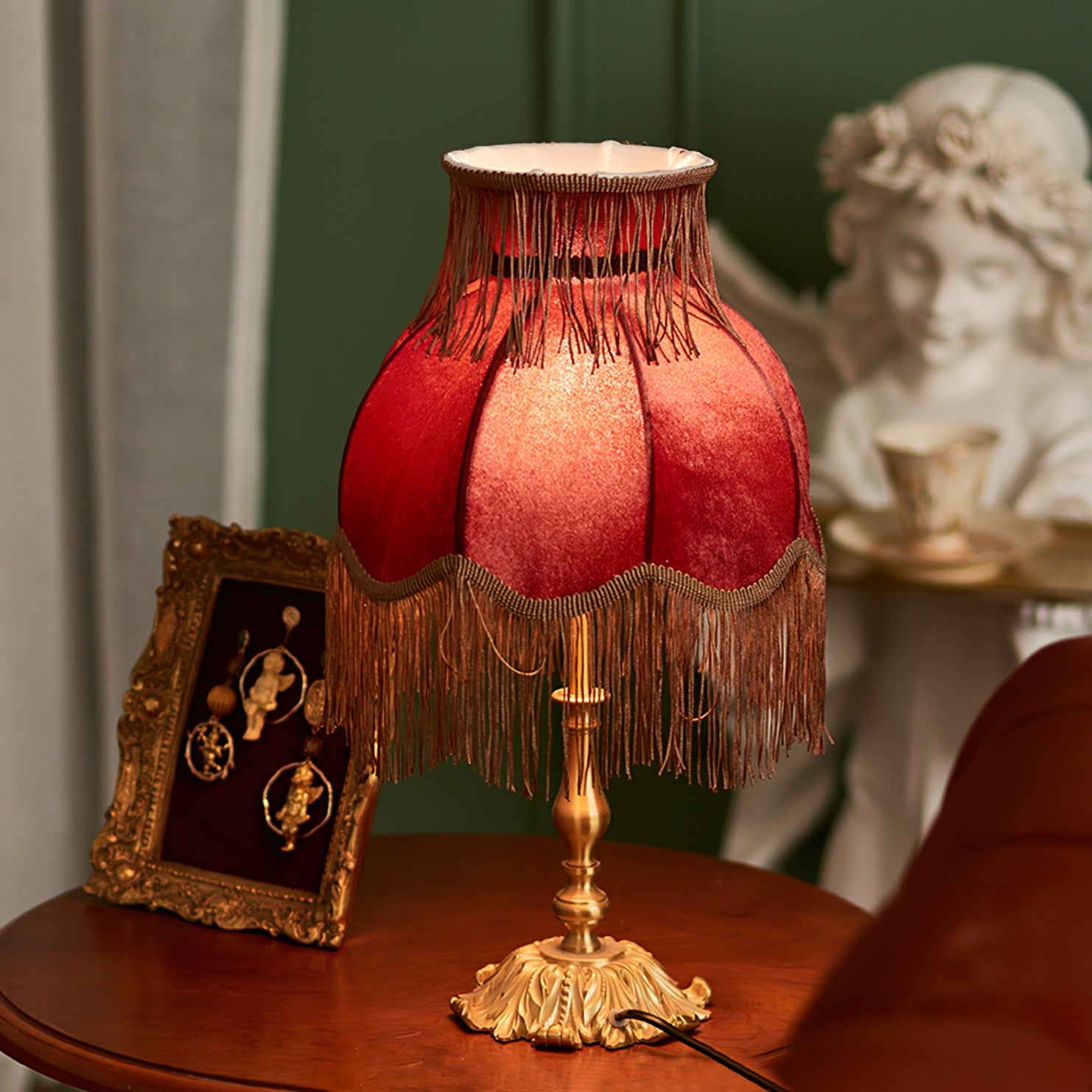 Table Lamp Brass Fabric 9.4 in Red Indoor Accent LED Edison Bulb Use Decorative Nightstand Lighting | Thomler