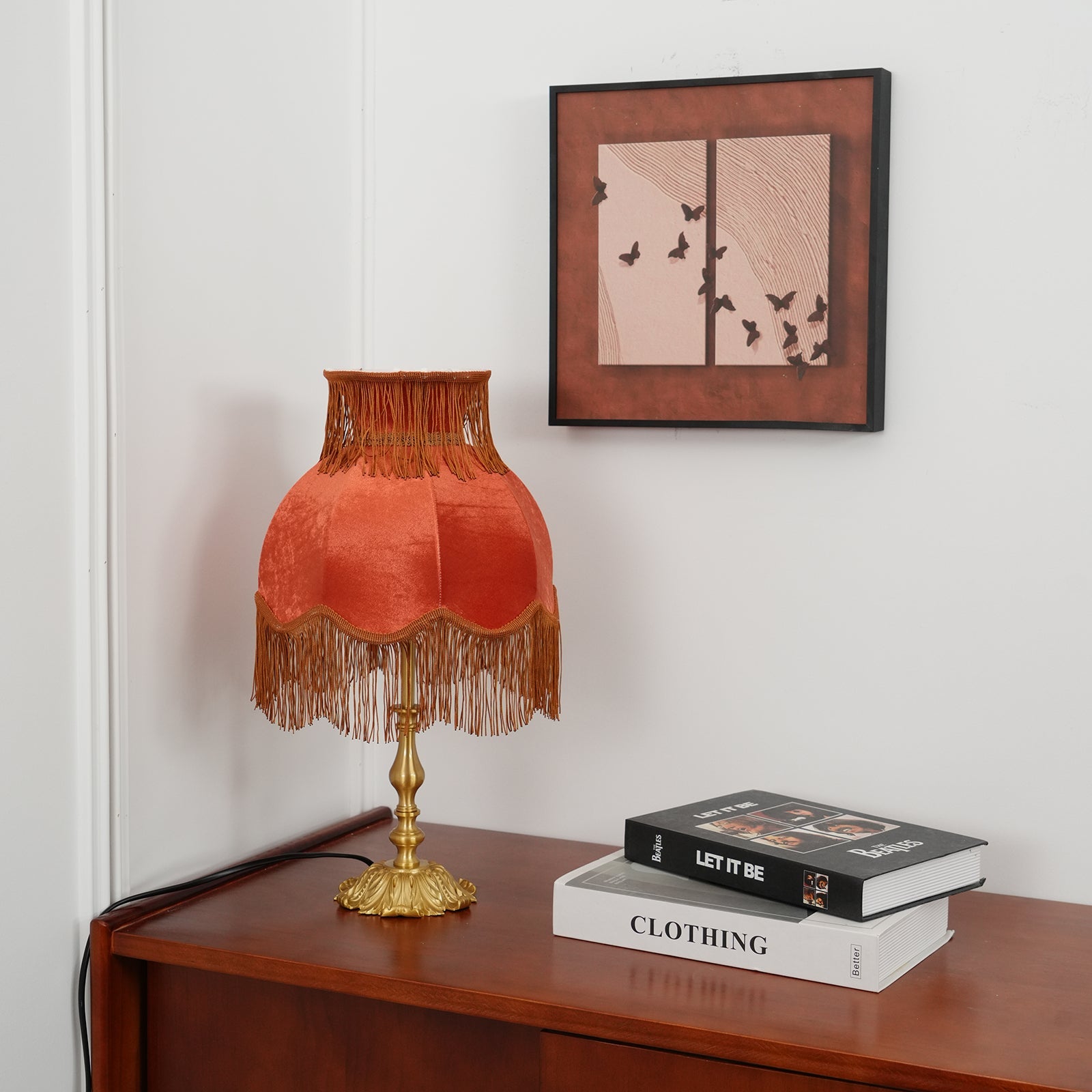 Table Lamp Brass Fabric 9.4 in Red Indoor Accent LED Edison Bulb Use Decorative Nightstand Lighting | Thomler