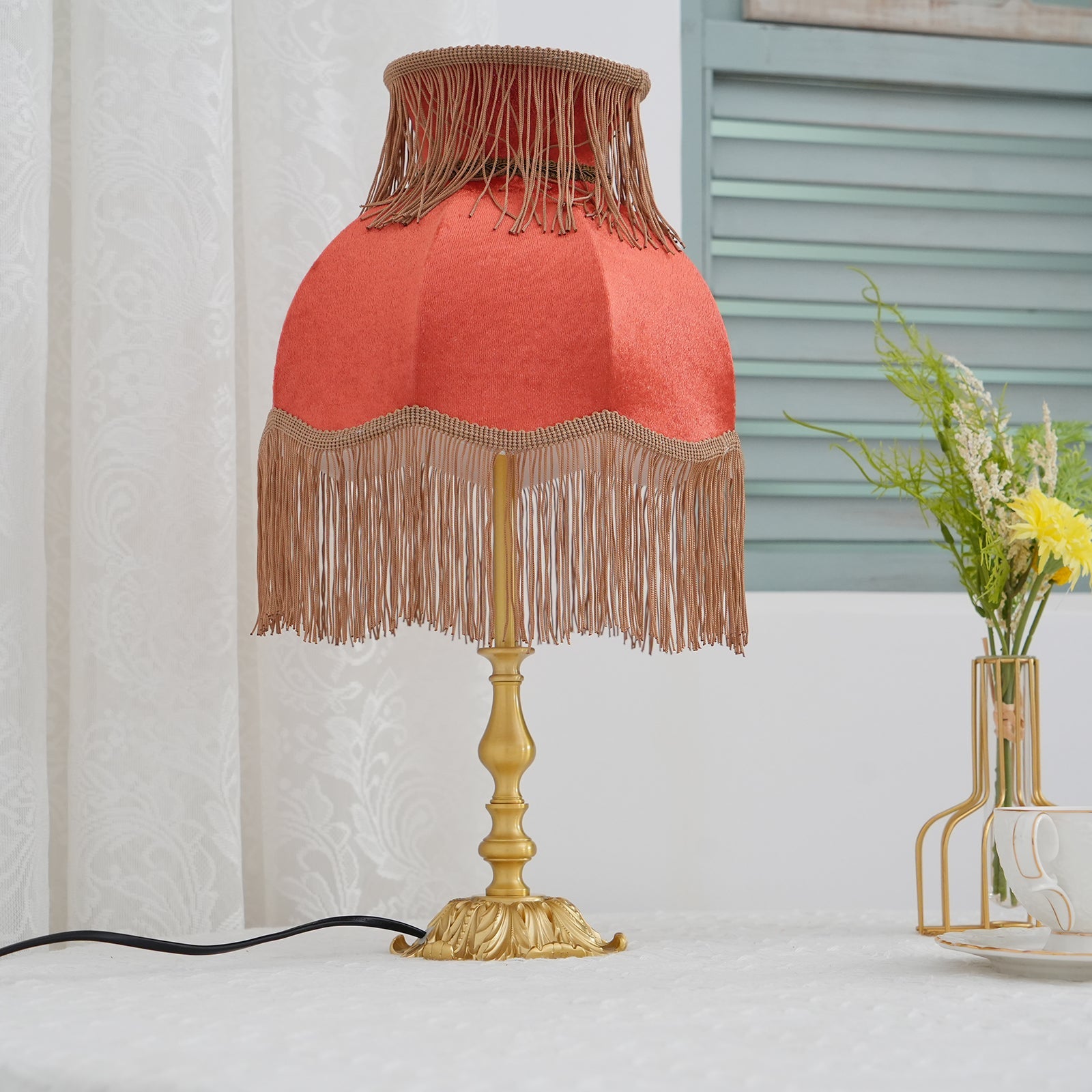 Table Lamp Brass Fabric 9.4 in Red Indoor Accent LED Edison Bulb Use Decorative Nightstand Lighting | Thomler