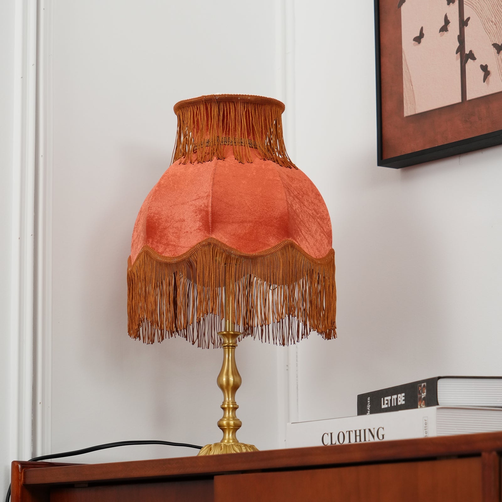 Table Lamp Brass Fabric 9.4 in Red Indoor Accent LED Edison Bulb Use Decorative Nightstand Lighting | Thomler