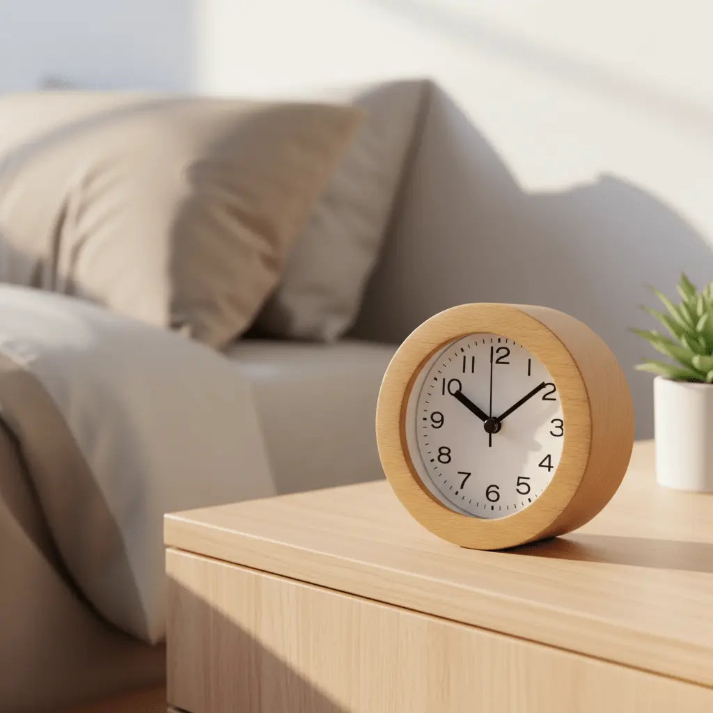 Lautloser Holz-Wecker mit LED-Nachtlicht – Buchenholz, kein Ticken, mit Snooze