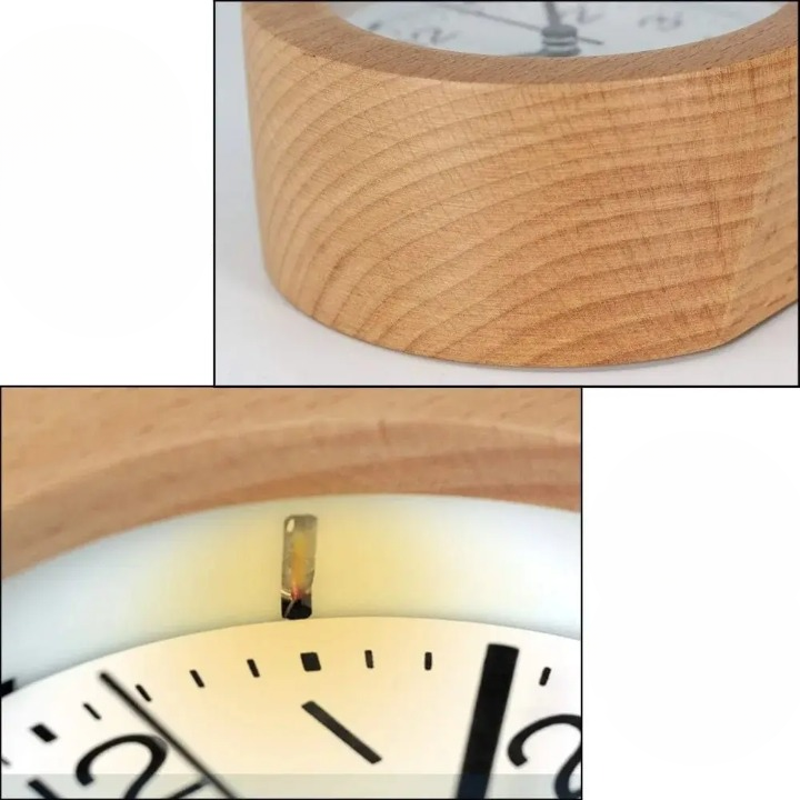 Lautloser Holz-Wecker mit LED-Nachtlicht – Buchenholz, kein Ticken, mit Snooze