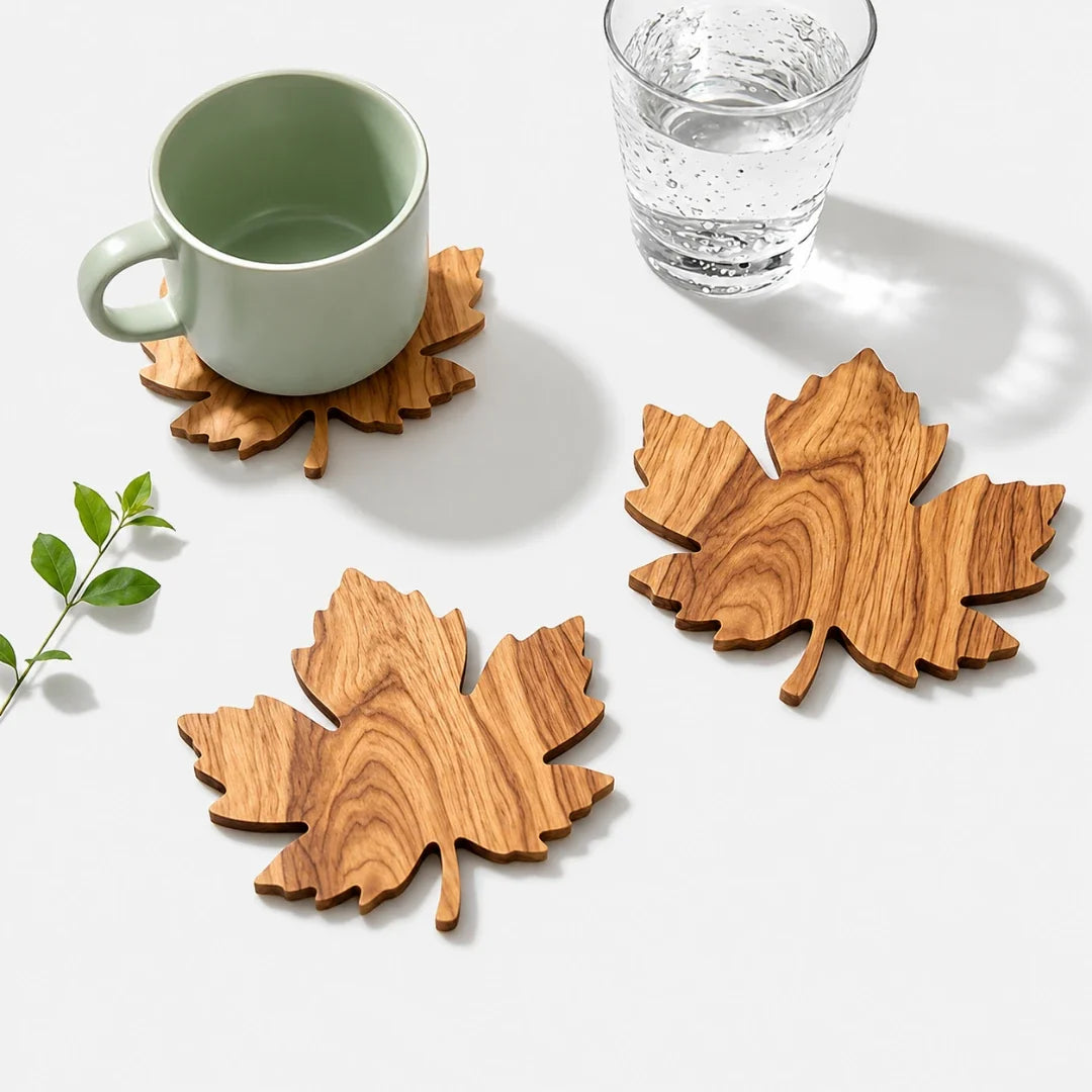 Wooden Maple Leaf Coaster Set – Natural Grain Wood Drink Mat for Coffee Table, Desk & Dining | Thomler