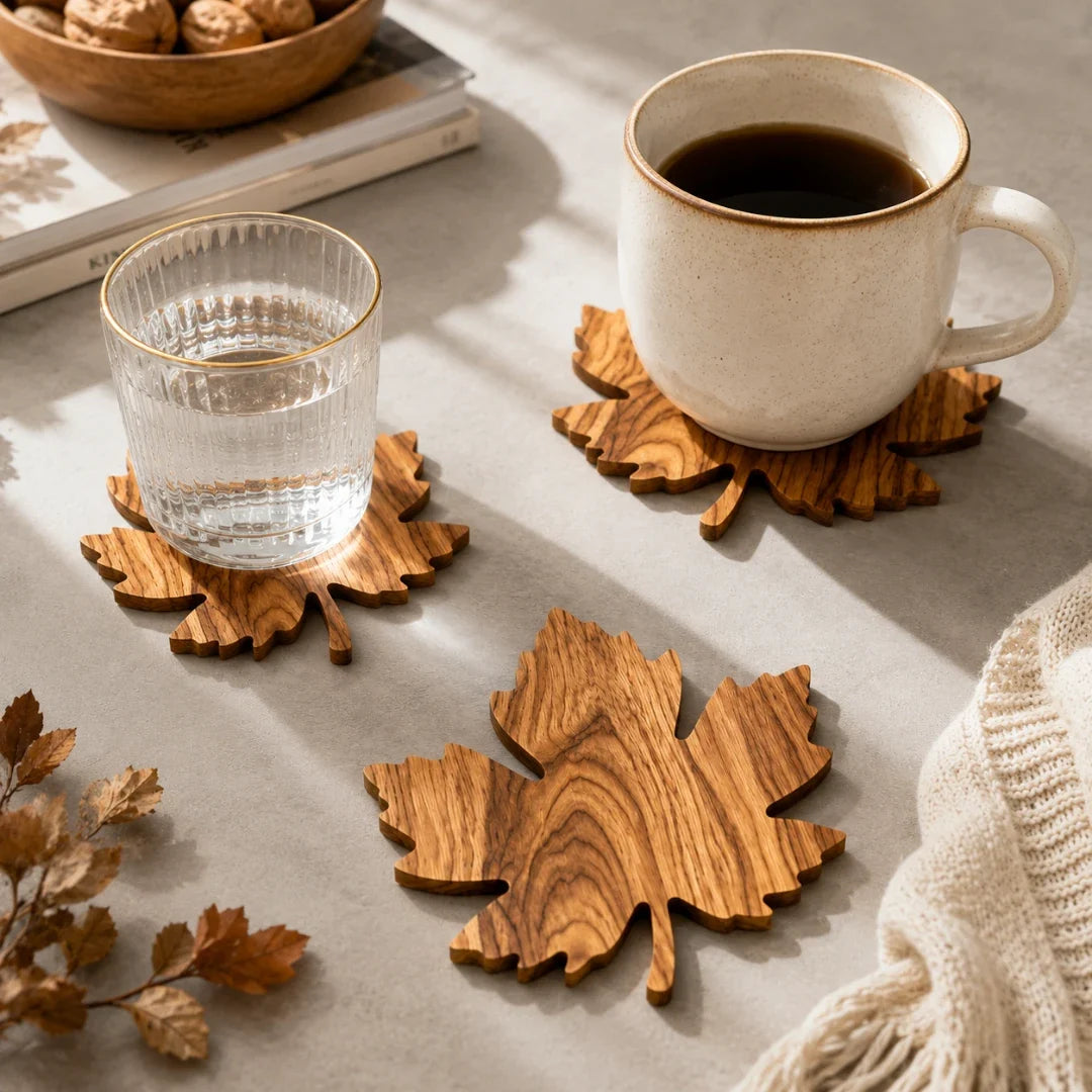 Wooden Maple Leaf Coaster Set – Natural Grain Wood Drink Mat for Coffee Table, Desk & Dining | Thomler