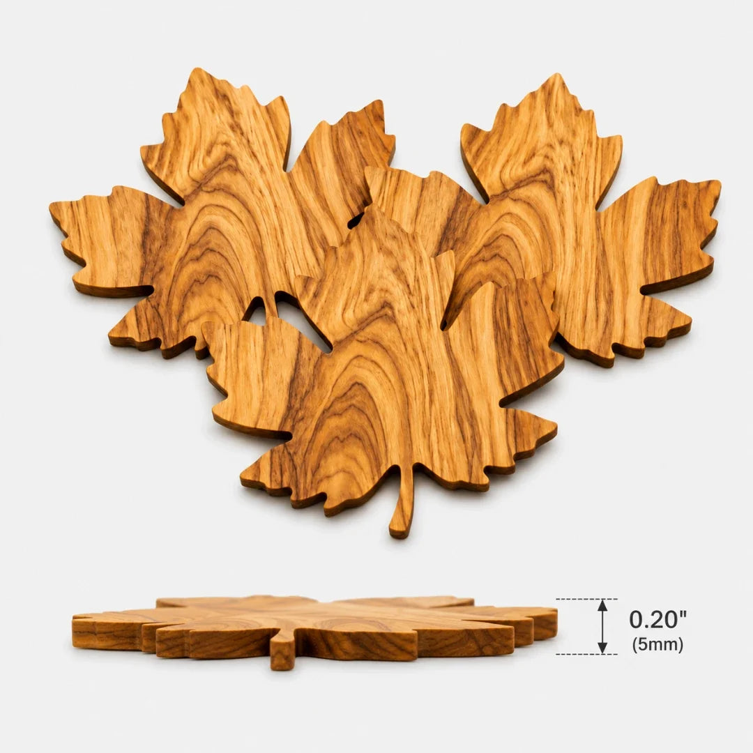 Wooden Maple Leaf Coaster Set – Natural Grain Wood Drink Mat for Coffee Table, Desk & Dining | Thomler