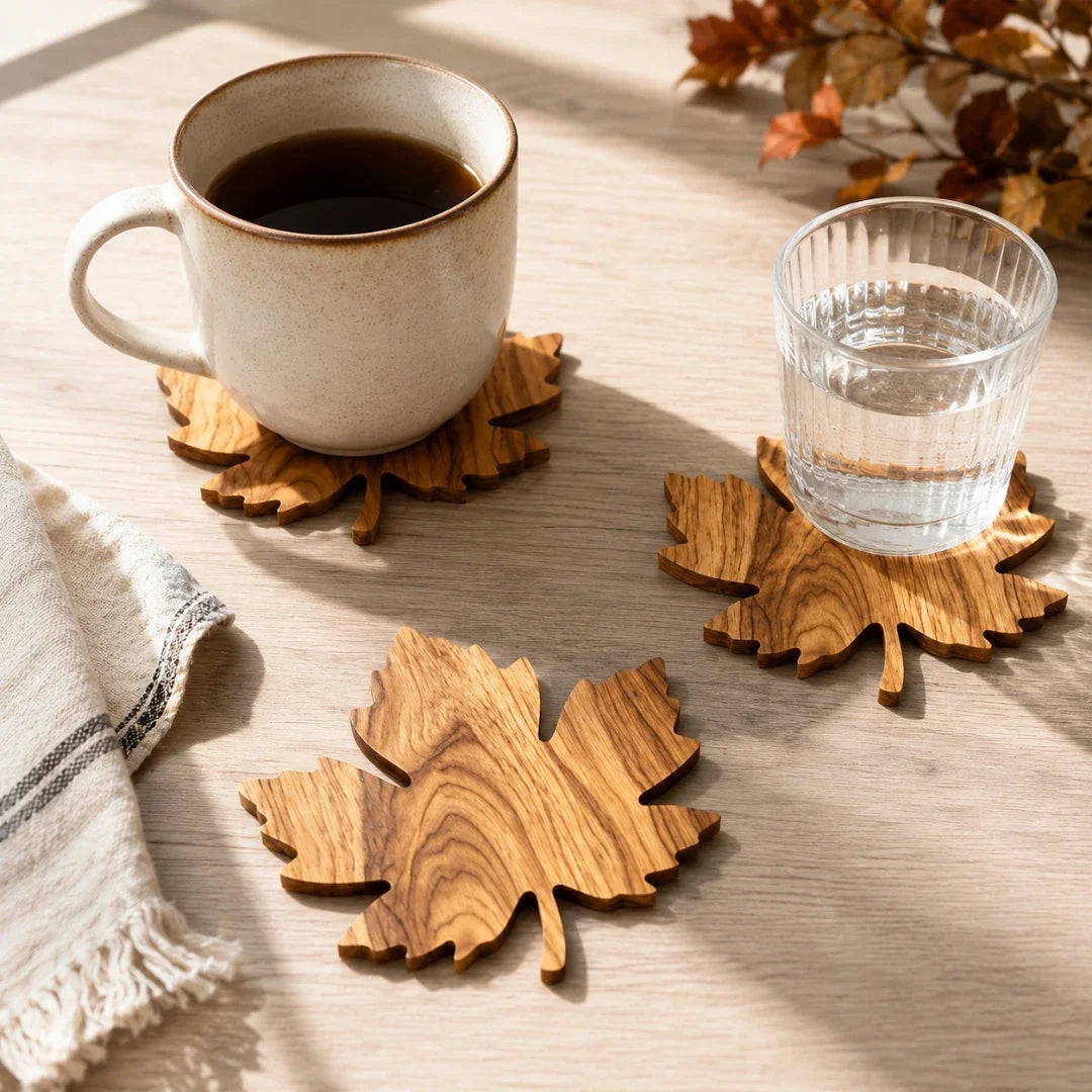 Wooden Maple Leaf Coaster Set – Natural Grain Wood Drink Mat for Coffee Table, Desk & Dining | Thomler