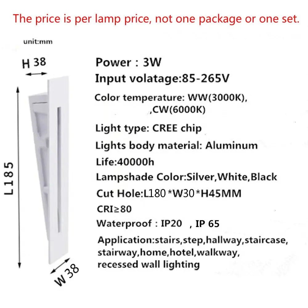Wall Light Aluminum 7.1 in 3W Recessed Staircase Hallway Walkway LED Step Lighting Indoor Outdoor | Thomler