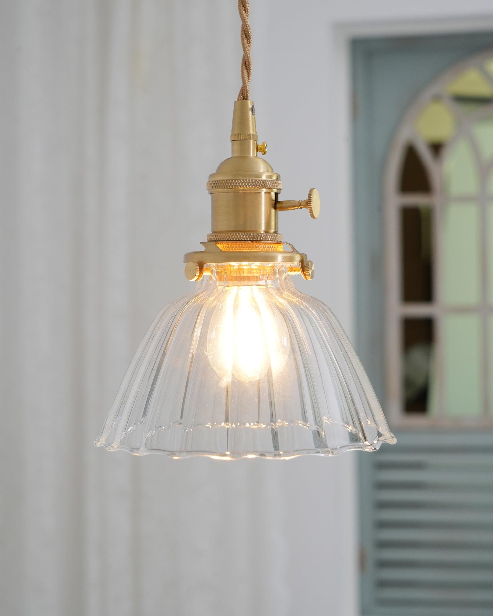 Pendant Light Brass Clear Glass Shade 5.5 in Kitchen Island Dining Hanging Adjustable Cord E26 Single Bulb Minimalist Ceiling Fixture | Thomler
