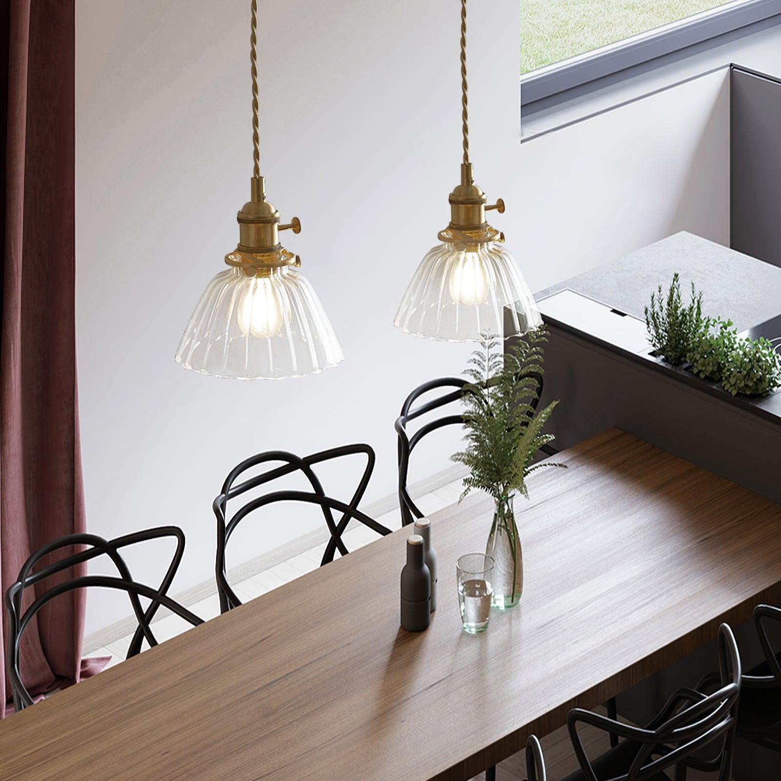 Pendant Light Brass Clear Glass Shade 5.5 in Kitchen Island Dining Hanging Adjustable Cord E26 Single Bulb Minimalist Ceiling Fixture | Thomler