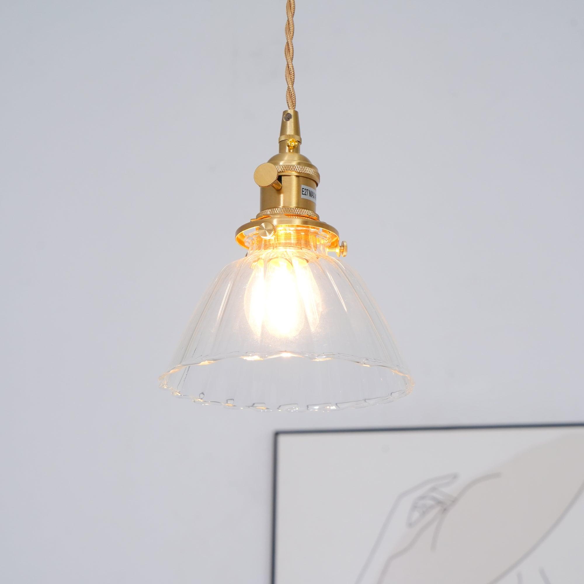 Pendant Light Brass Clear Glass Shade 5.5 in Kitchen Island Dining Hanging Adjustable Cord E26 Single Bulb Minimalist Ceiling Fixture | Thomler