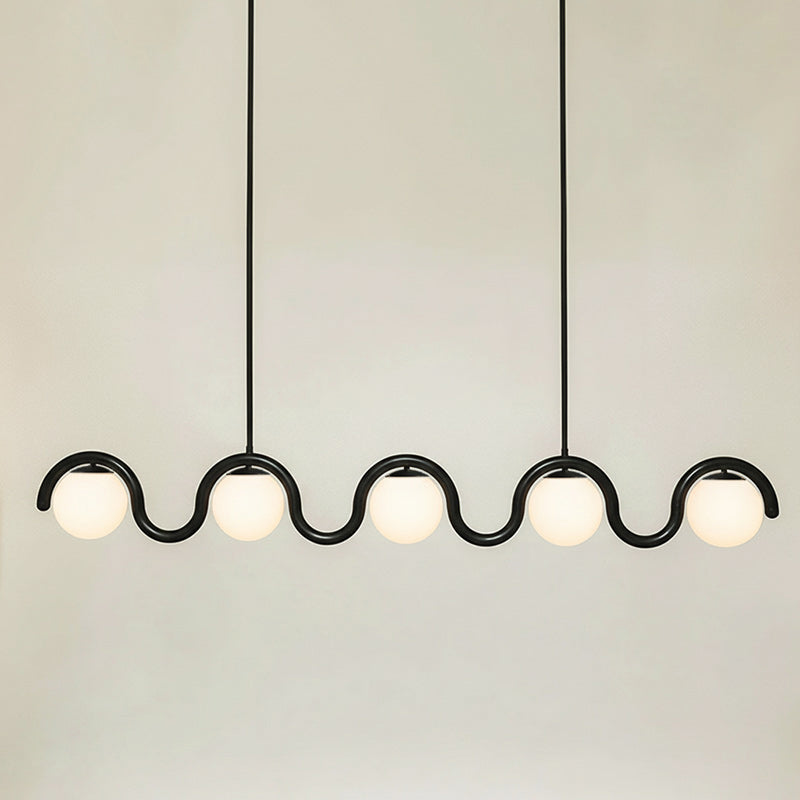 Modern Linear Chandelier with Curved Metal Frame & Glass Sphere – Art Nouveau Pendant Light for Dining Room | Thomler