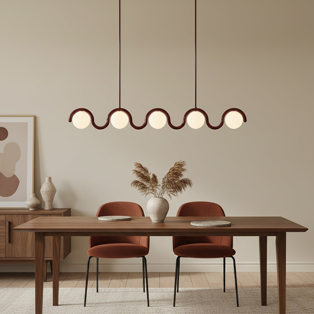 Modern Linear Chandelier with Curved Metal Frame & Glass Sphere – Art Nouveau Pendant Light for Dining Room | Thomler