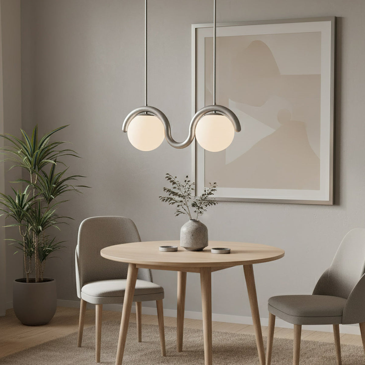 Modern Linear Chandelier with Curved Metal Frame & Glass Sphere – Art Nouveau Pendant Light for Dining Room | Thomler