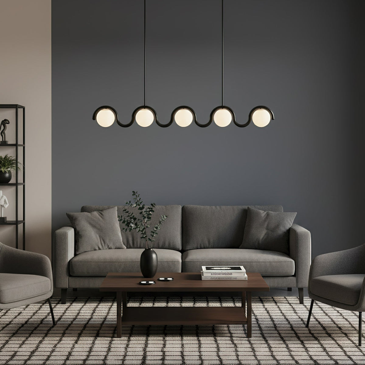 Modern Linear Chandelier with Curved Metal Frame & Glass Sphere – Art Nouveau Pendant Light for Dining Room | Thomler