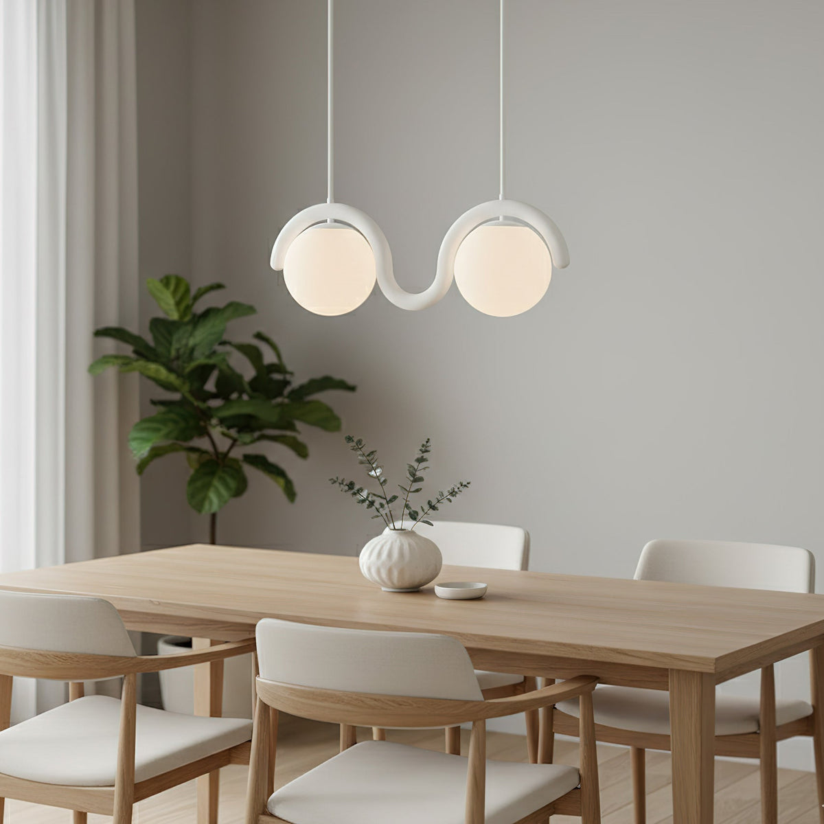 Modern Linear Chandelier with Curved Metal Frame & Glass Sphere – Art Nouveau Pendant Light for Dining Room | Thomler