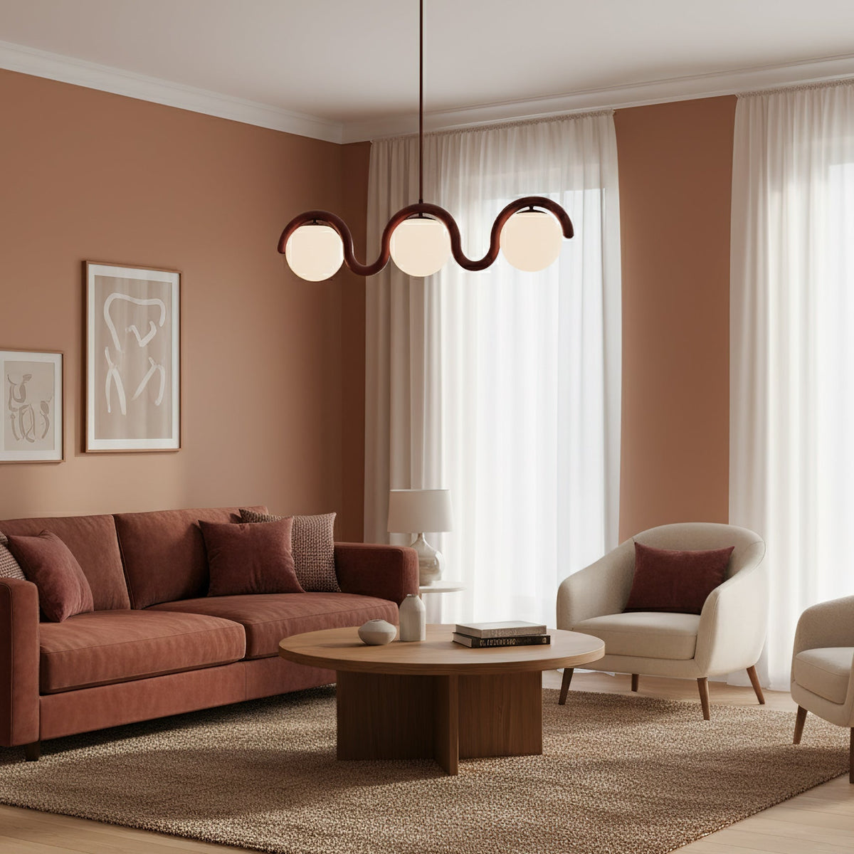 Modern Linear Chandelier with Curved Metal Frame & Glass Sphere – Art Nouveau Pendant Light for Dining Room | Thomler