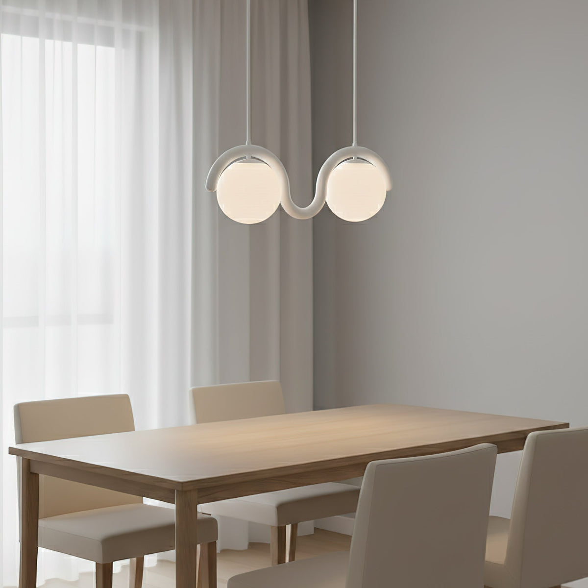 Modern Linear Chandelier with Curved Metal Frame & Glass Sphere – Art Nouveau Pendant Light for Dining Room | Thomler