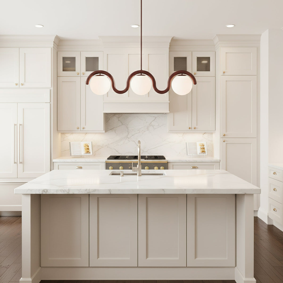 Modern Linear Chandelier with Curved Metal Frame & Glass Sphere – Art Nouveau Pendant Light for Dining Room | Thomler