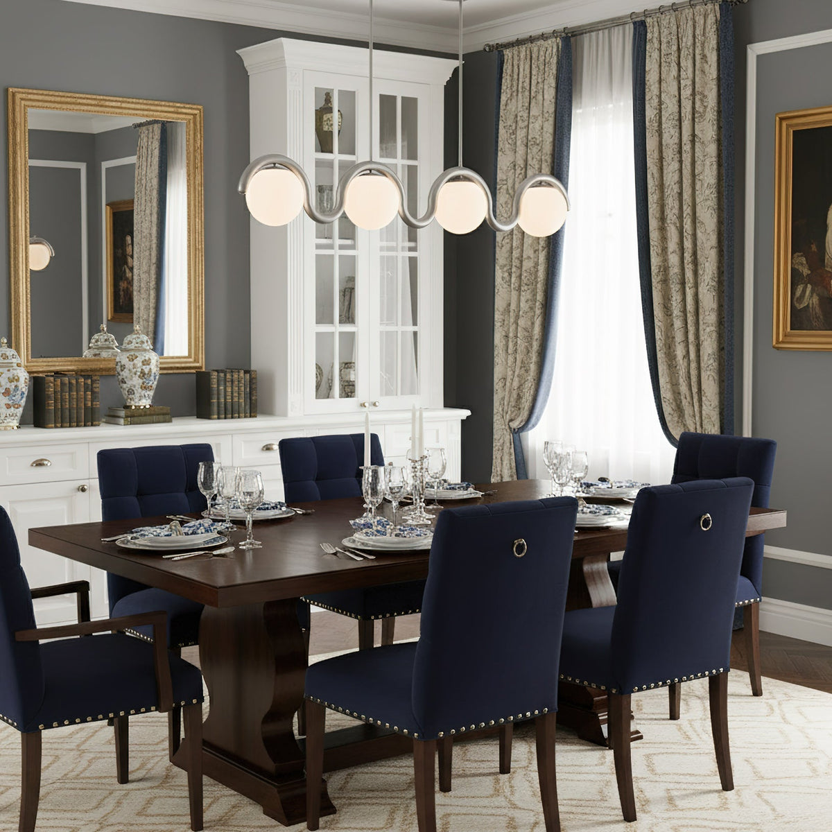 Modern Linear Chandelier with Curved Metal Frame & Glass Sphere – Art Nouveau Pendant Light for Dining Room | Thomler