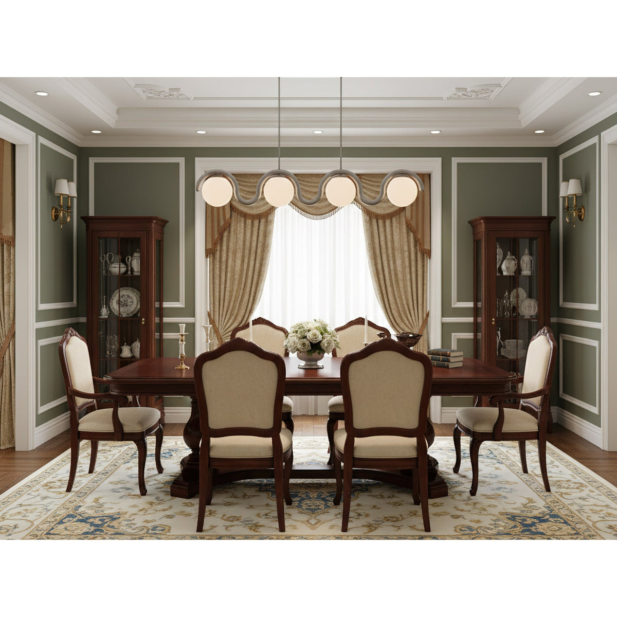 Modern Linear Chandelier with Curved Metal Frame & Glass Sphere – Art Nouveau Pendant Light for Dining Room | Thomler