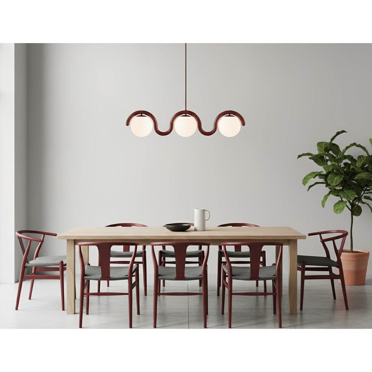 Modern Linear Chandelier with Curved Metal Frame & Glass Sphere – Art Nouveau Pendant Light for Dining Room | Thomler