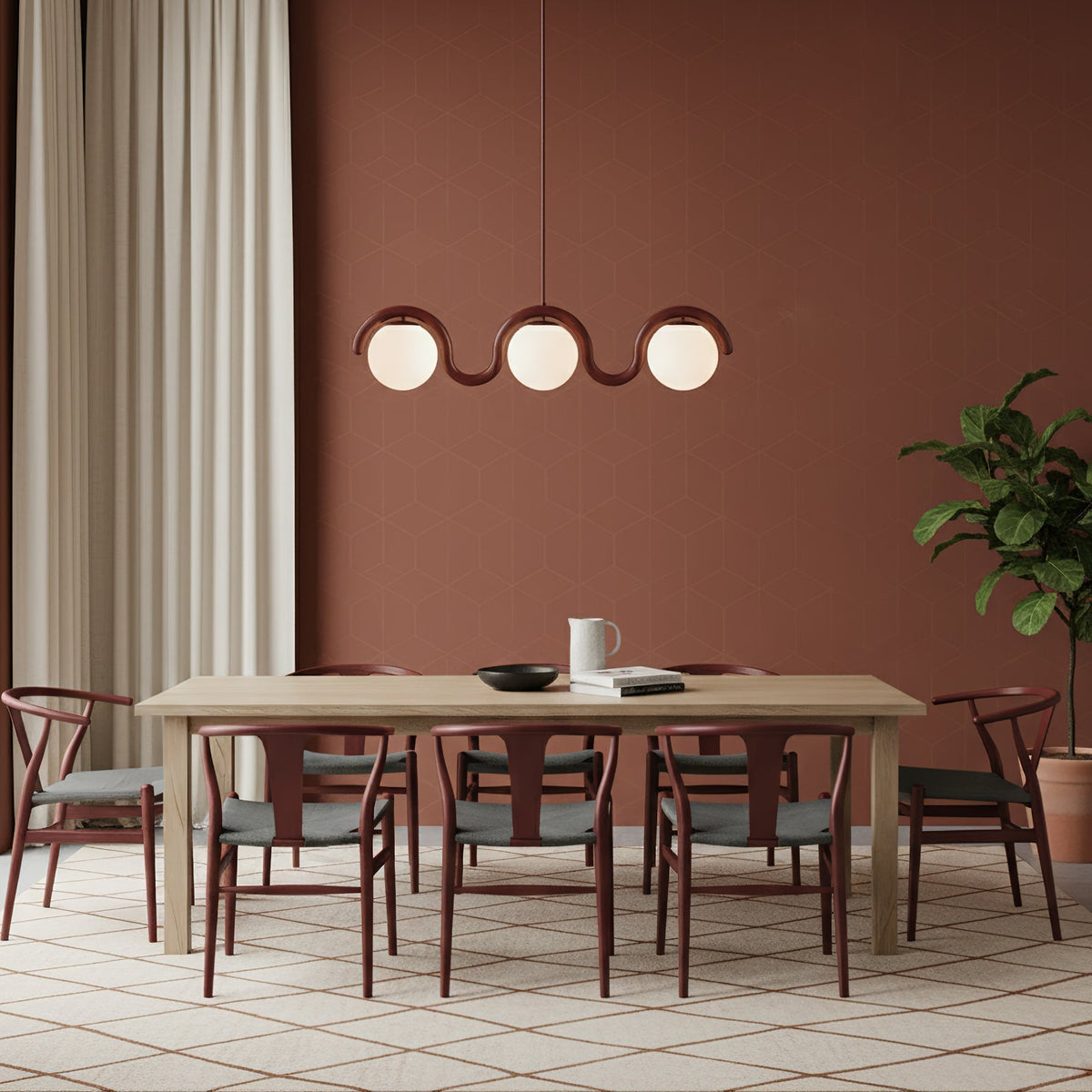 Modern Linear Chandelier with Curved Metal Frame & Glass Sphere – Art Nouveau Pendant Light for Dining Room | Thomler