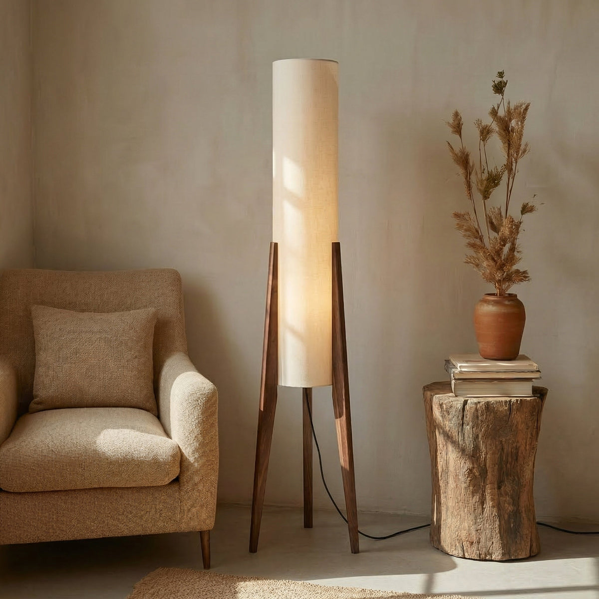 Sculptural Wood Floor Lamp with Brass Accents & Fabric Shade for Living Room, Bedroom & Office | Thomler