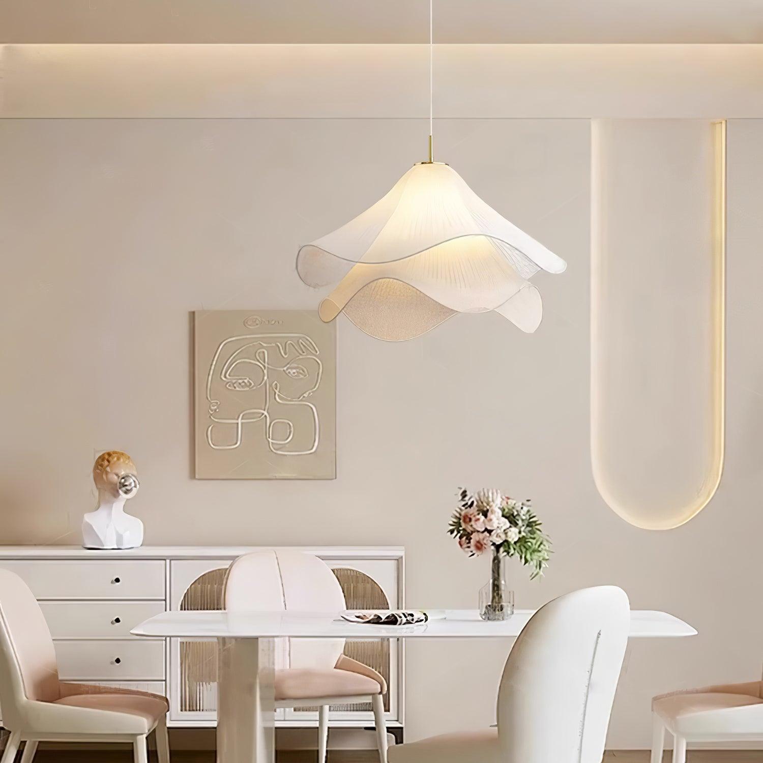 Fabric Pendant Light 23.6 in Diameter White Blooming Design Ceiling Dining Living Room Bedroom Hanging Lamp Adjustable Height | Thomler