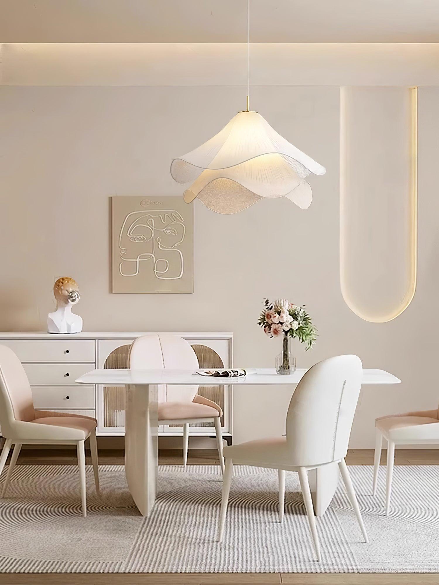 Fabric Pendant Light 23.6 in Diameter White Blooming Design Ceiling Dining Living Room Bedroom Hanging Lamp Adjustable Height | Thomler