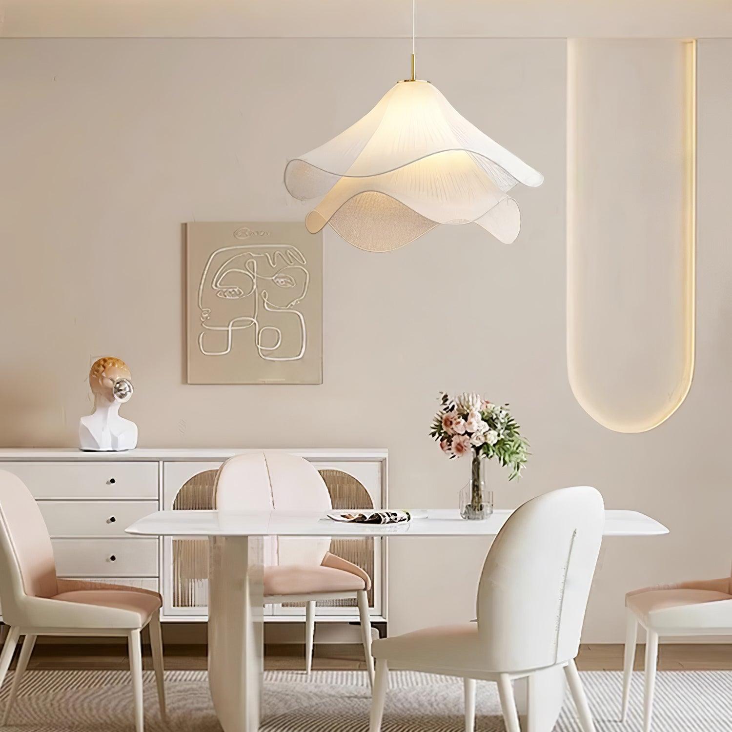 Fabric Pendant Light 23.6 in Diameter White Blooming Design Ceiling Dining Living Room Bedroom Hanging Lamp Adjustable Height | Thomler
