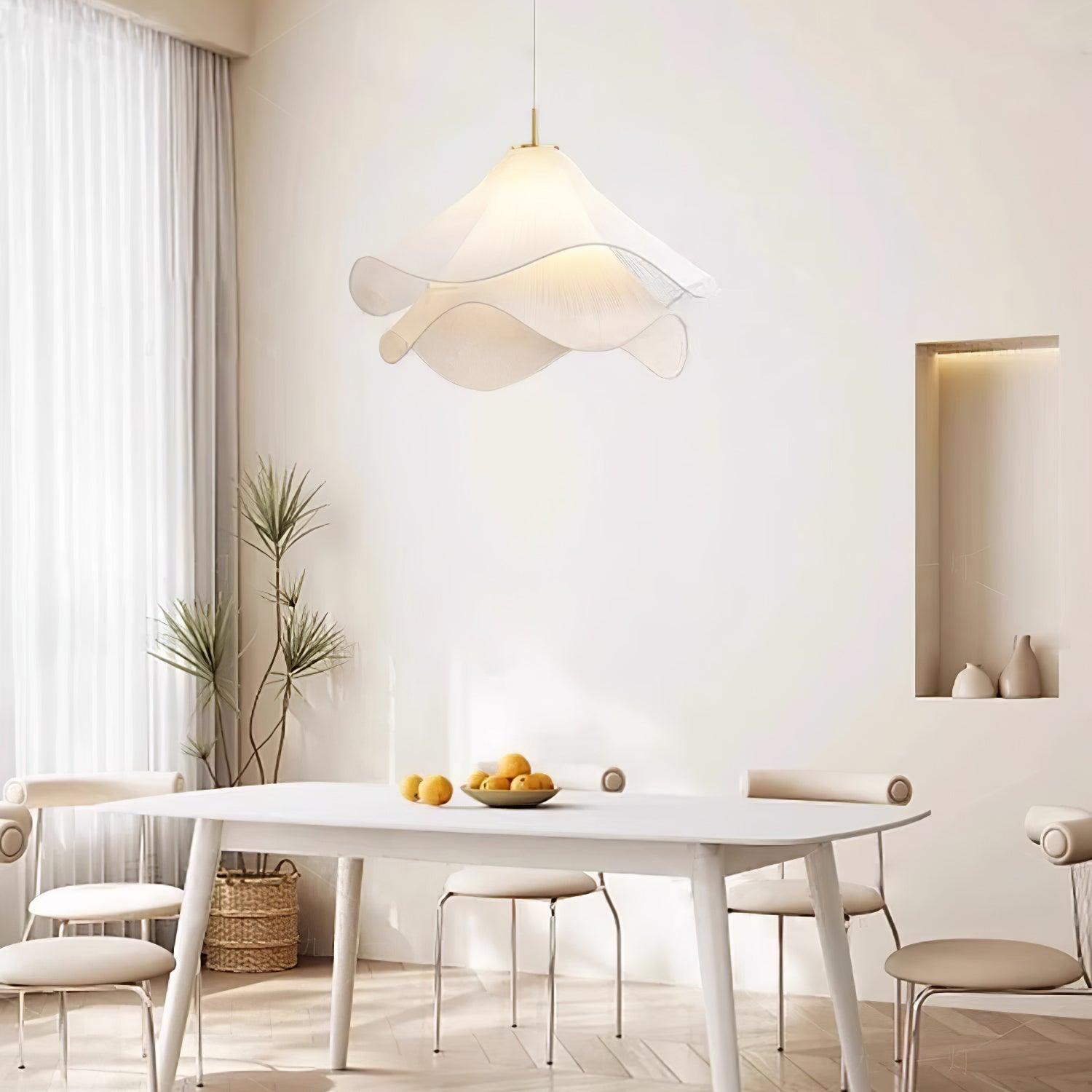 Fabric Pendant Light 23.6 in Diameter White Blooming Design Ceiling Dining Living Room Bedroom Hanging Lamp Adjustable Height | Thomler