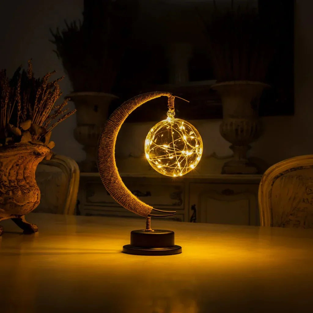 Glass Moon Table Lamp with Warm LED Glow – Battery Operated Crescent Accent Light for Bedroom, Living Room & Nightstand | Thomler