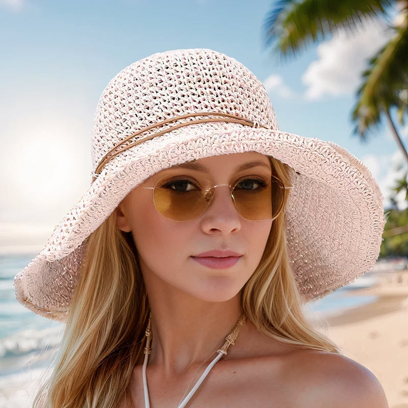 Women's Wide-Brim Sun Hat – Lightweight Woven Straw with Ribbon Accent for Beach & Travel | Thomler
