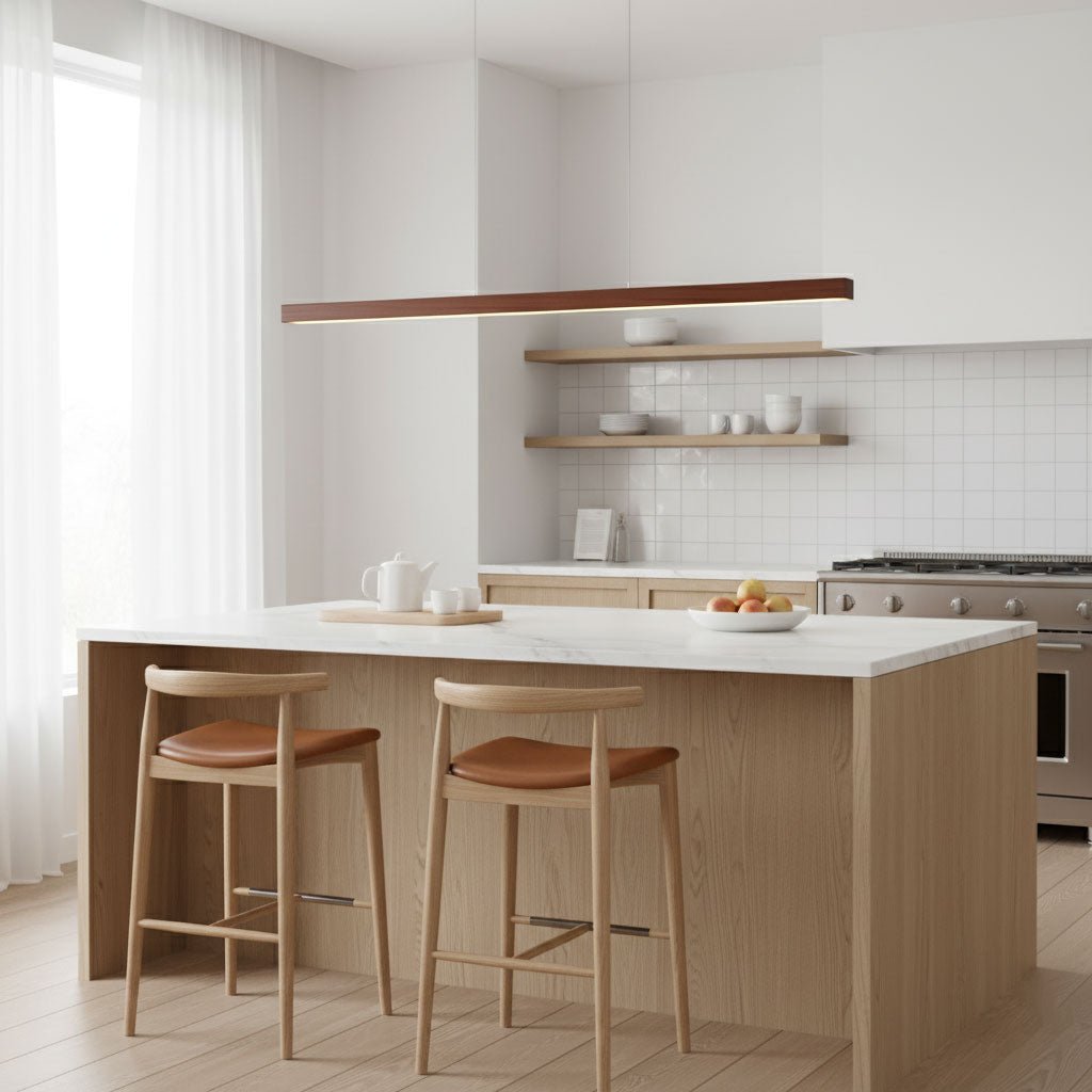 Pendant Light Wood Linear Integrated LED Natural Dining Table Kitchen Island Hanging Ceiling Lamp Japandi Scandinavian | Thomler