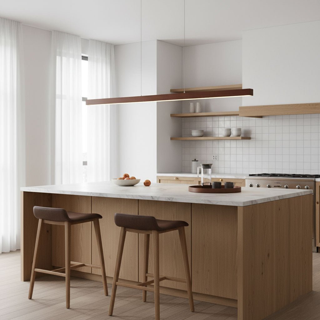 Pendant Light Wood Linear Integrated LED Natural Dining Table Kitchen Island Hanging Ceiling Lamp Japandi Scandinavian | Thomler