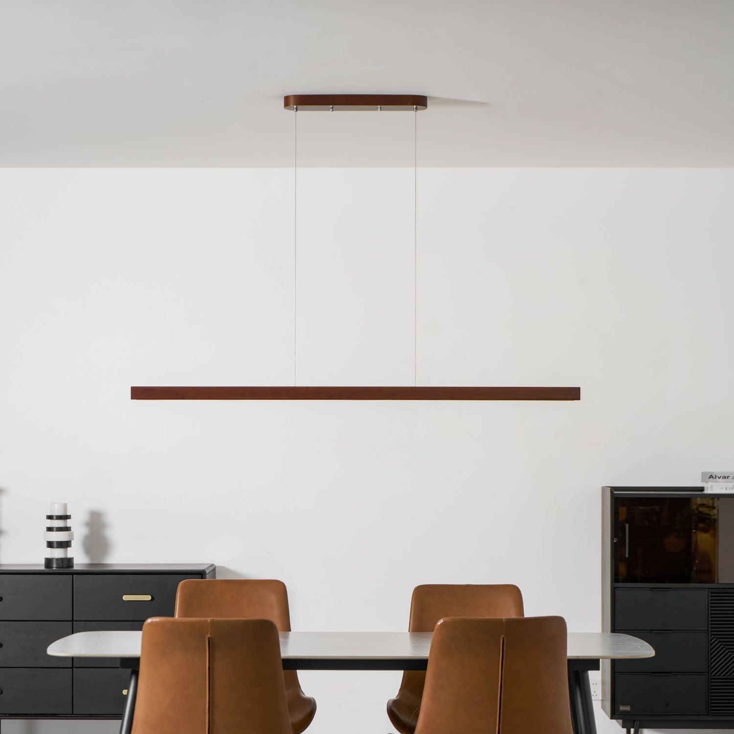 Pendant Light Wood Linear Integrated LED Natural Dining Table Kitchen Island Hanging Ceiling Lamp Japandi Scandinavian | Thomler