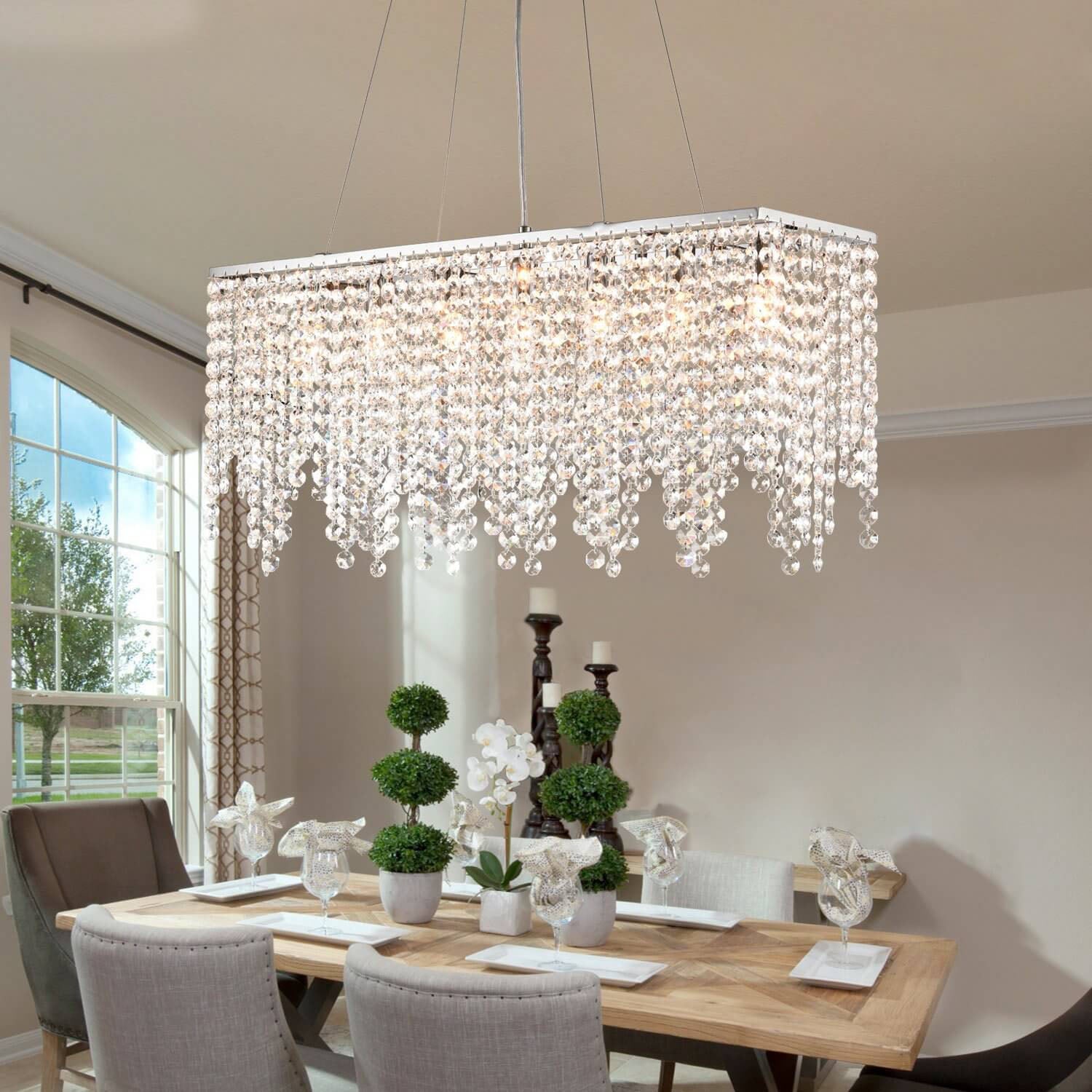 Rectangular Crystal Chandelier Ceiling Light Fixture Stainless Steel Frame E12 Candelabra Base for Dining Room Kitchen Island Modern | Thomler