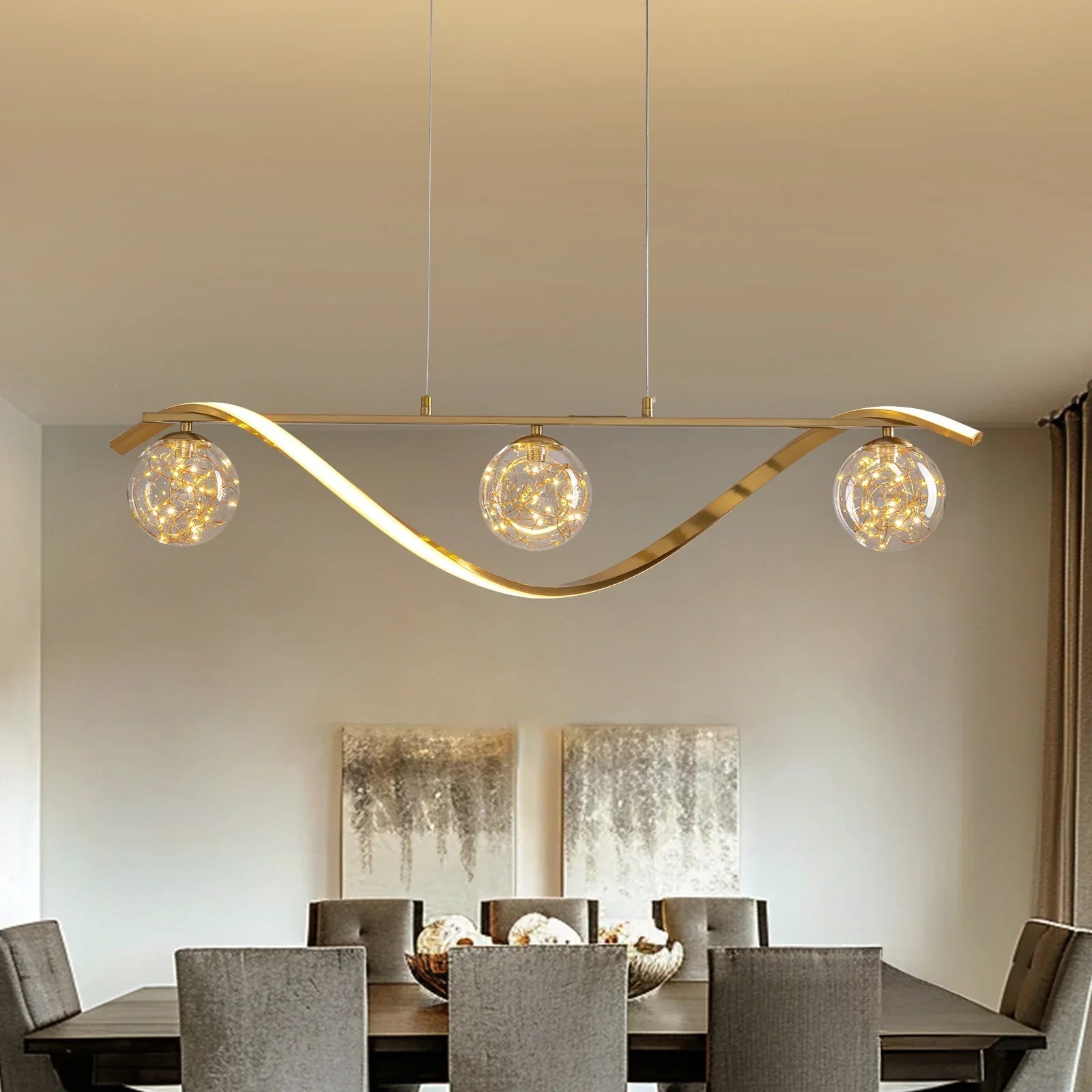 Hanglamp Lineair Glazen Bollen LED Strip Goud Chroom 100cm Eetkamer Keukeneiland Modern | Sansoti