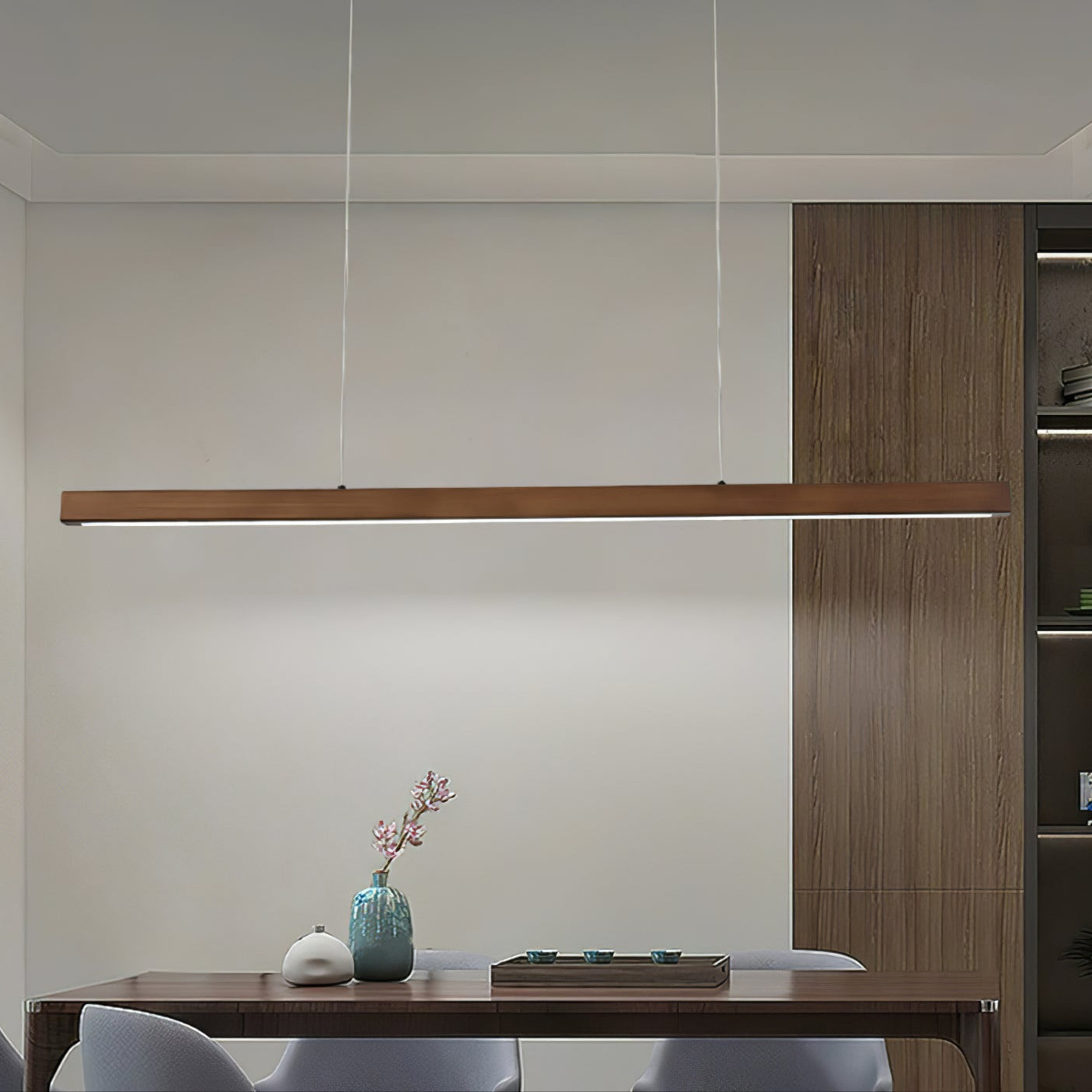 Pendant Light Wood Linear Integrated LED Natural Dining Table Kitchen Island Hanging Ceiling Lamp Japandi Scandinavian | Thomler