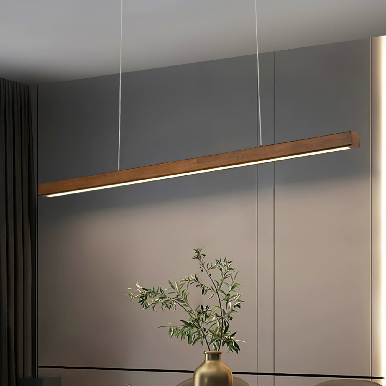 Pendant Light Wood Linear Integrated LED Natural Dining Table Kitchen Island Hanging Ceiling Lamp Japandi Scandinavian | Thomler