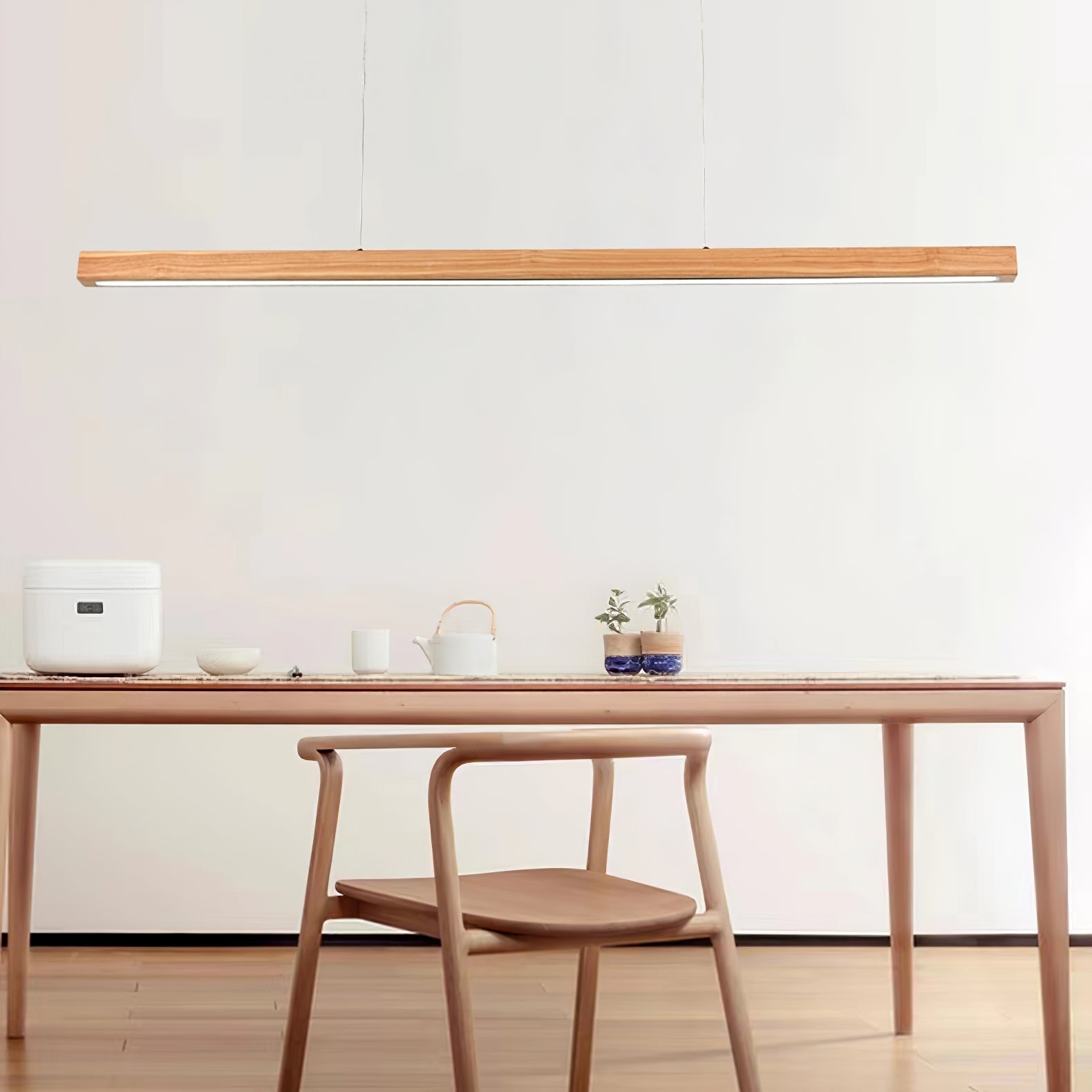 Pendant Light Wood Linear Integrated LED Natural Dining Table Kitchen Island Hanging Ceiling Lamp Japandi Scandinavian | Thomler
