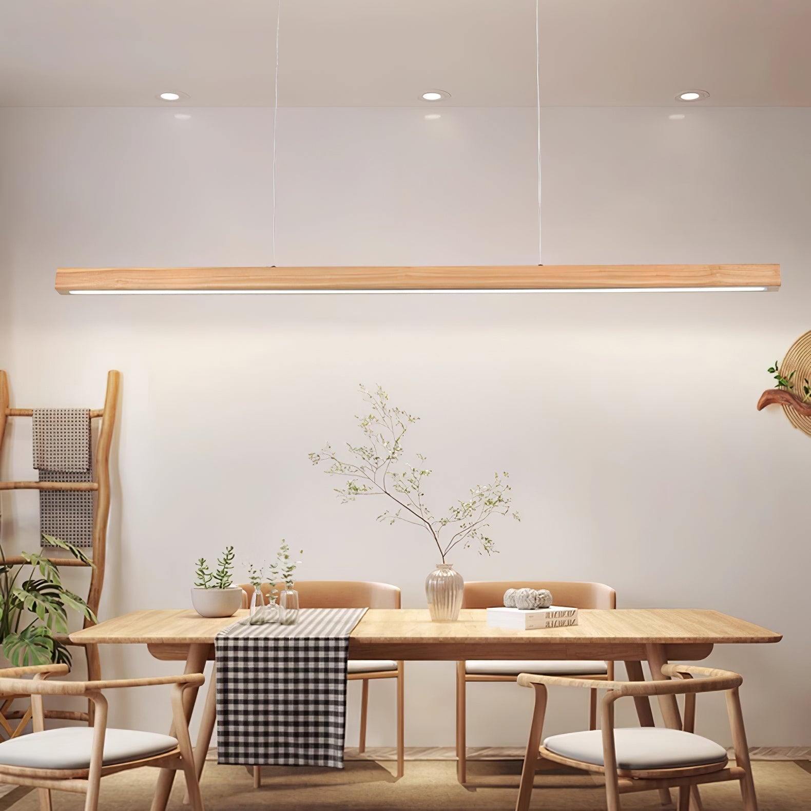 Pendant Light Wood Linear Integrated LED Natural Dining Table Kitchen Island Hanging Ceiling Lamp Japandi Scandinavian | Thomler
