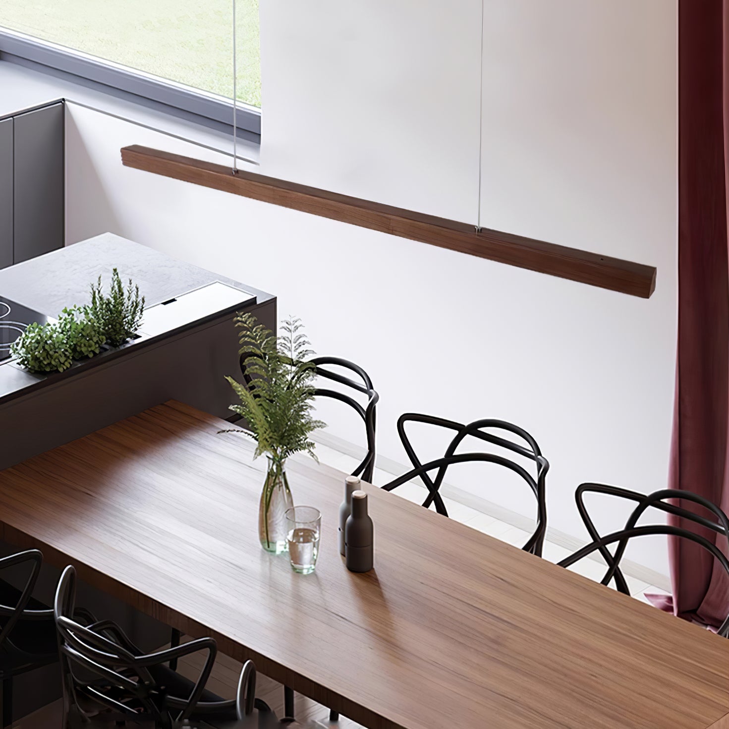 Pendant Light Wood Linear Integrated LED Natural Dining Table Kitchen Island Hanging Ceiling Lamp Japandi Scandinavian | Thomler