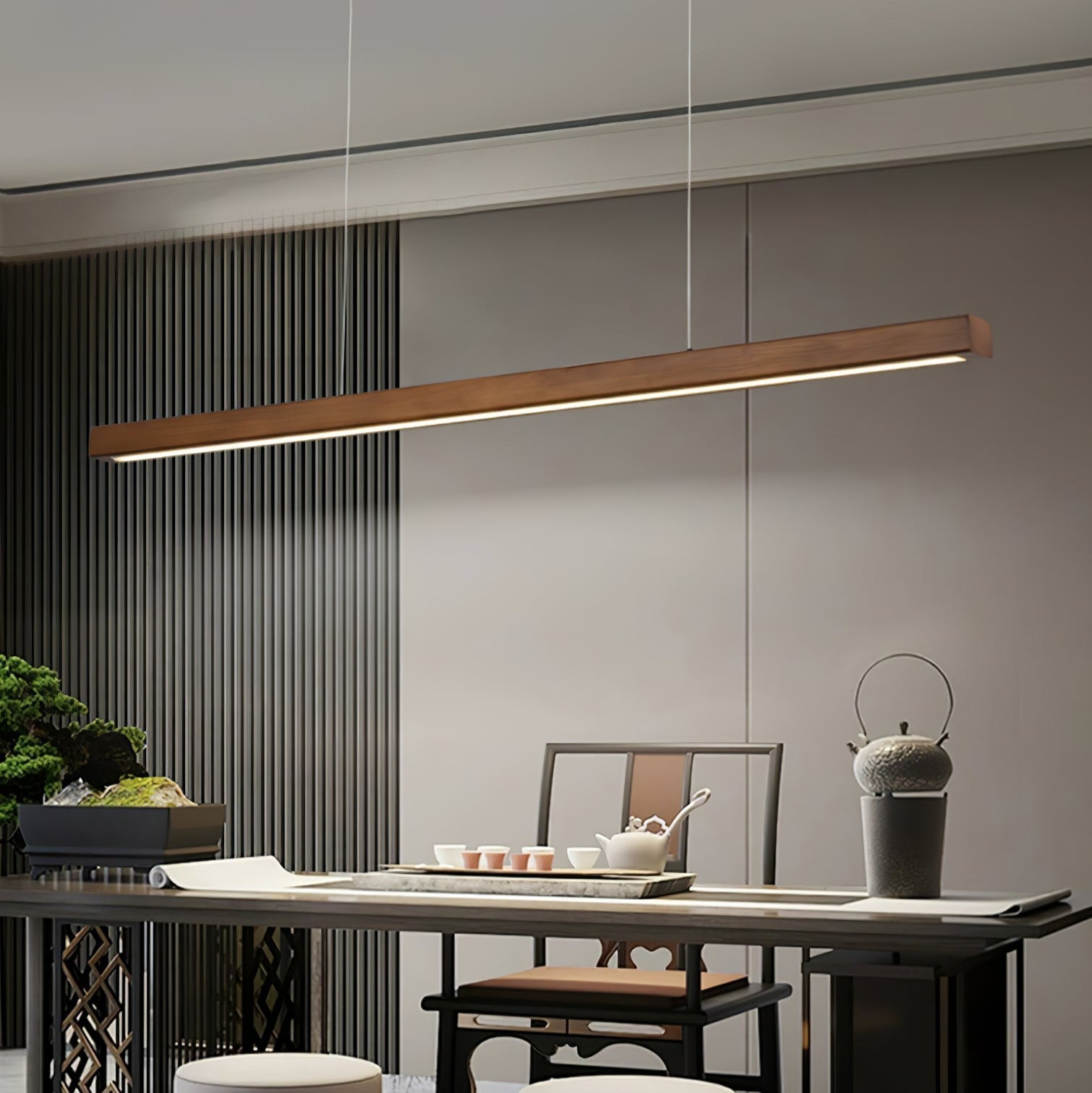 Pendant Light Wood Linear Integrated LED Natural Dining Table Kitchen Island Hanging Ceiling Lamp Japandi Scandinavian | Thomler