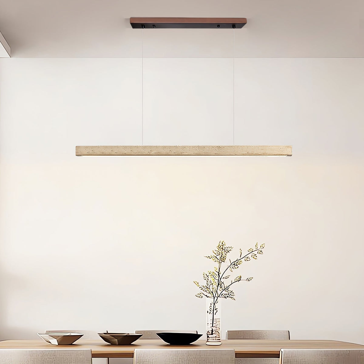 Linear Travertine Pendant Light with Integrated LED – Natural Stone Ceiling Fixture for Dining Room & Living Room – Dimmable Modern | Thomler