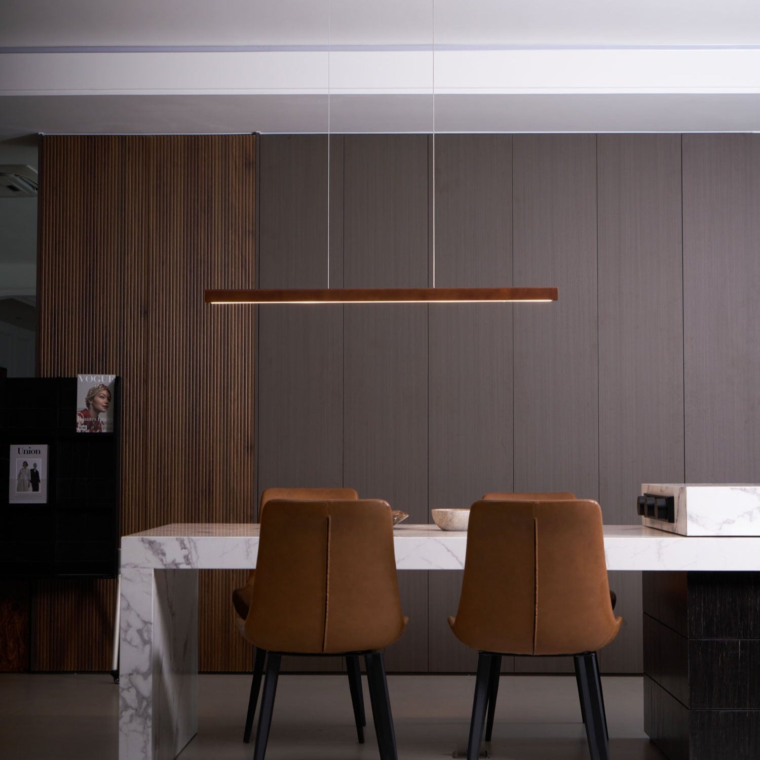 Pendant Light Wood Linear Integrated LED Natural Dining Table Kitchen Island Hanging Ceiling Lamp Japandi Scandinavian | Thomler