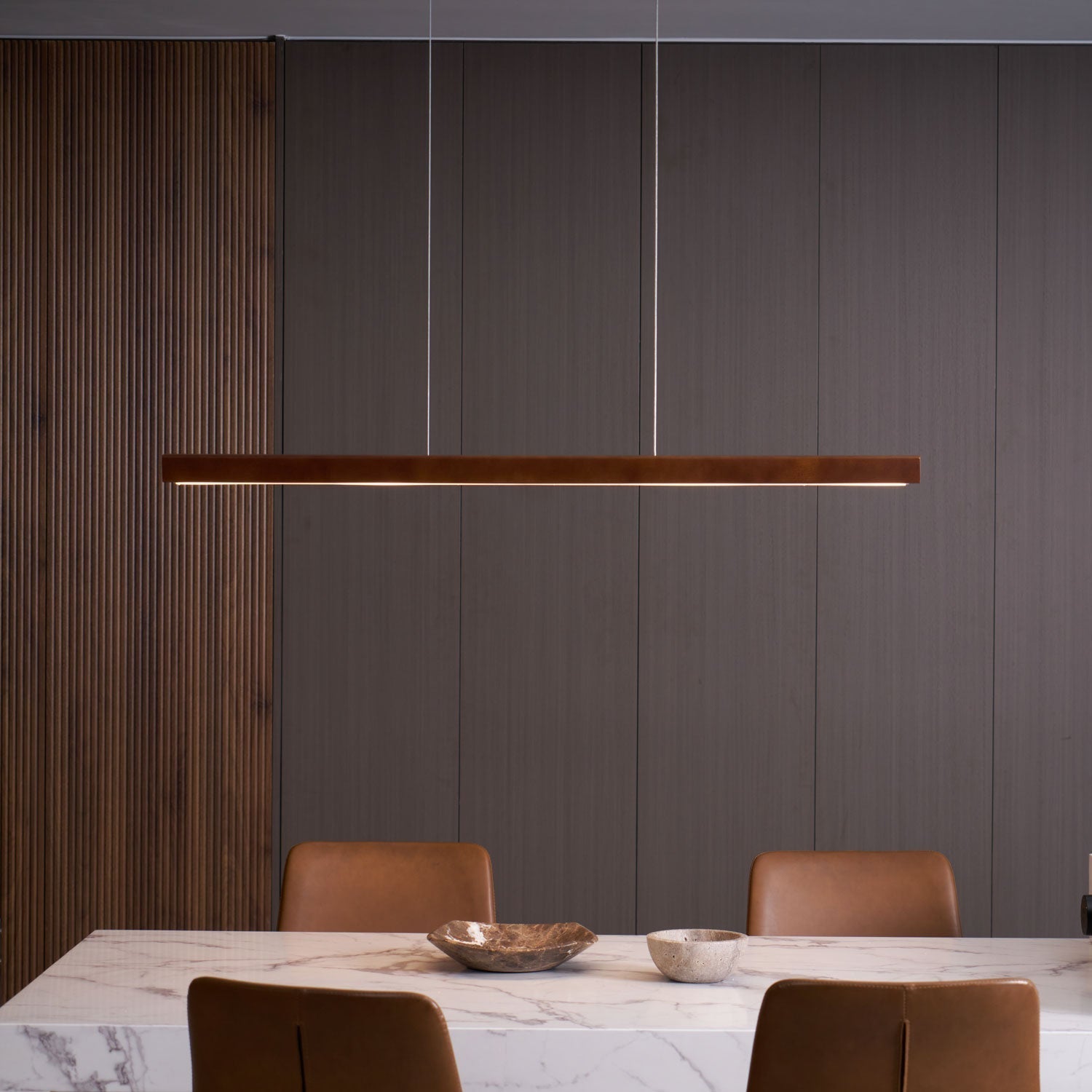 Pendant Light Wood Linear Integrated LED Natural Dining Table Kitchen Island Hanging Ceiling Lamp Japandi Scandinavian | Thomler
