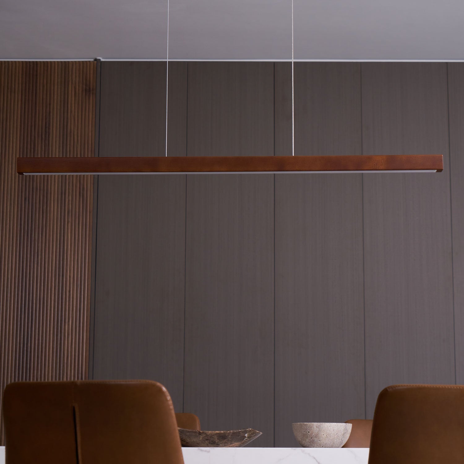 Pendant Light Wood Linear Integrated LED Natural Dining Table Kitchen Island Hanging Ceiling Lamp Japandi Scandinavian | Thomler