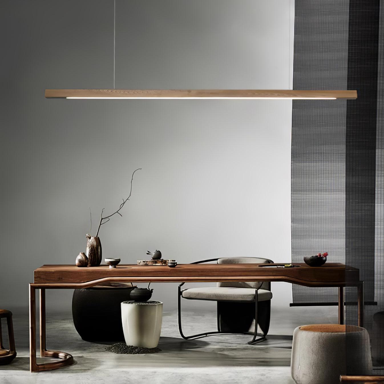 Pendant Light Wood Linear Integrated LED Natural Dining Table Kitchen Island Hanging Ceiling Lamp Japandi Scandinavian | Thomler